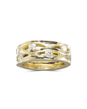 Trap Wide Three Band Yellow Gold Diamond Eternity Ring Ring Pruden and Smith   