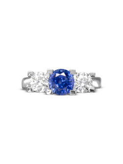 Claw Set Sapphire and Diamond Platinum Trilogy Ring Ring Pruden and Smith 1ct sapphire 0.5ct diamond sides  