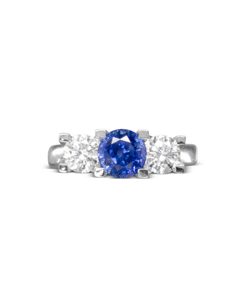 Claw Set Sapphire and Diamond Platinum Trilogy Ring Ring Pruden and Smith 1ct sapphire 0.5ct diamond sides  