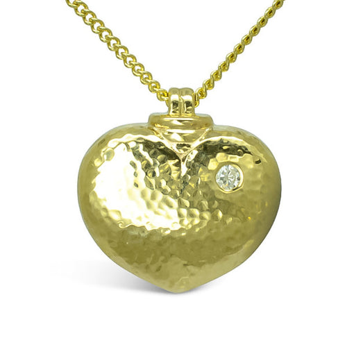 Hammered Yellow Gold Heart Memorial Pendant with Diamond Pendant Pruden and Smith   