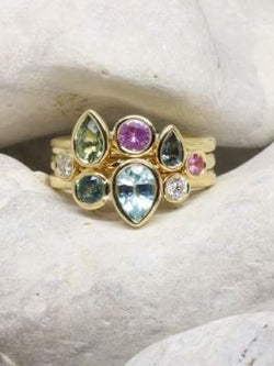 Multi-Coloured Aquamarine and Sapphire Pear Stacking Ring Set Ring Pruden and Smith