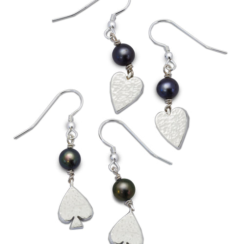 Card Charm Silver and Pearl Drop Earrings Earrings Pruden and Smith   