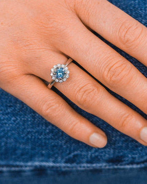 Aquamarine with Scalloped Diamonds Cluster Engagement Ring Ring Pruden and Smith   