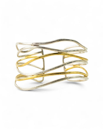 Six Strand Solid Silver and Gold Vermeil Cuff Bangle