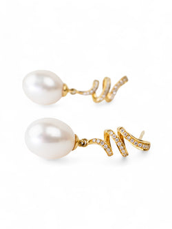 Ribbon Pearl and Diamond Drop Earrings Earrings Pruden and Smith   