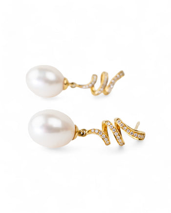 Ribbon Pearl and Diamond Drop Earrings Earrings Pruden and Smith   