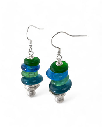 African Recycled Blue Glass Bead Drop Earrings