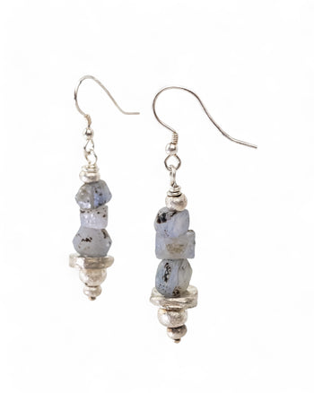 Rough Sapphire with Silver Hammered Discs Dangly Earrings Earrings Pruden and Smith   