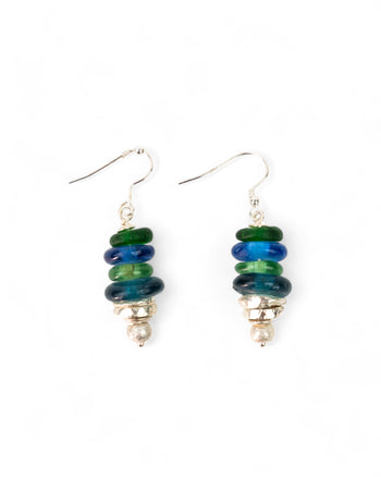 African Recycled Blue Glass Bead Drop Earrings Earrings Pruden and Smith   