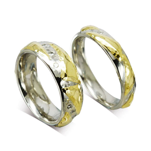 Hammered Mixed Metal Wedding Bands with Diamonds Ring Pruden and Smith   