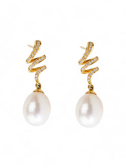 Ribbon Pearl and Diamond Drop Earrings Earrings Pruden and Smith   