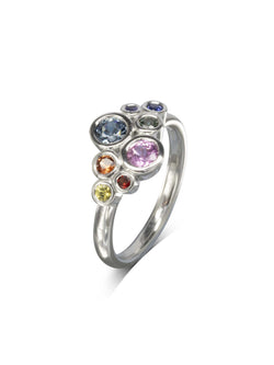 Water Bubbles Multi-Coloured Sapphire Cluster Ring Ring Pruden and Smith 9ct White Gold Blue Pink Sapphire