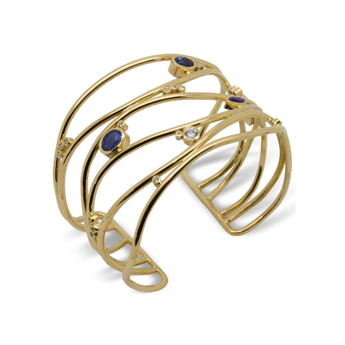 Six Strand Diamond and Sapphire 9ct Yellow Gold Cuff Bangle Bangle Pruden and Smith   