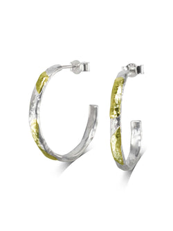 Hammered Silver and Gold Hoop Earrings - Narrow Earrings Pruden and Smith 27mm 3mm wide  