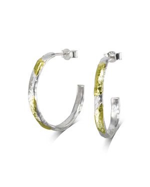 Hammered Silver and Gold Hoop Earrings - Narrow Earrings Pruden and Smith 27mm 3mm wide  