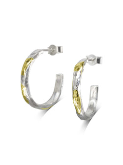 Hammered Silver and Gold Hoop Earrings - Narrow Earrings Pruden and Smith 20mm 3mm wide  