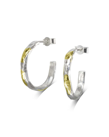 Hammered Silver and Gold Hoop Earrings - Narrow Earrings Pruden and Smith 20mm 3mm wide  