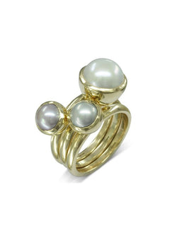 9ct Gold Pearl Stacking Rings Set of Three Ring Pruden and Smith 9ct Yellow Gold 10mm White Freshwater Two 7.5mm Akoya 