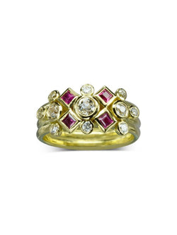 Princess Cut Ruby and Diamond Yellow Gold Stacking Ring Set Ring Pruden and Smith   