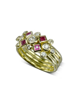 Princess Cut Ruby and Diamond Yellow Gold Stacking Ring Set Ring Pruden and Smith   