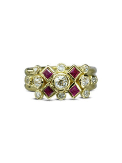 Princess Cut Ruby and Diamond Yellow Gold Stacking Ring Set Ring Pruden and Smith   