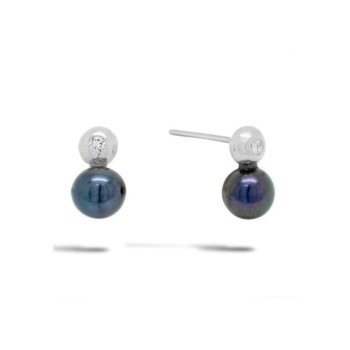 Black Akoya Pearl and Diamond Silver Studs Earrings Pruden and Smith   