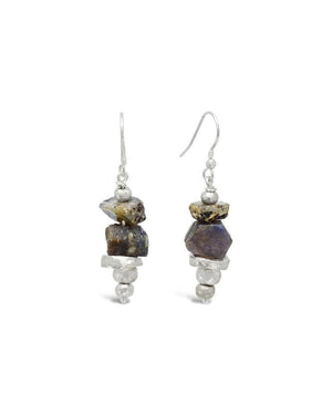 Rough Sapphire with Silver Hammered Discs Dangly Earrings Earrings Pruden and Smith   