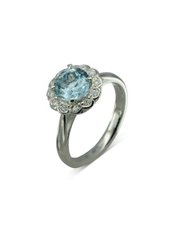 Aquamarine with Scalloped Diamonds Cluster Engagement Ring Ring Pruden and Smith   