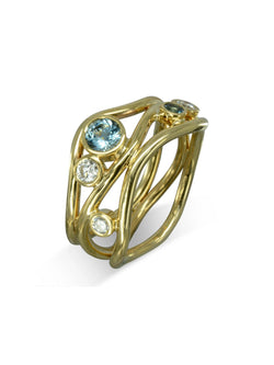 Three Strand Gemstone and Diamond 9ct Gold Dress Ring Ring Pruden and Smith 9ct Yellow Gold  