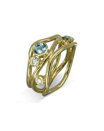 Three Strand Gemstone and Diamond 9ct Gold Dress Ring Ring Pruden and Smith 9ct Yellow Gold  