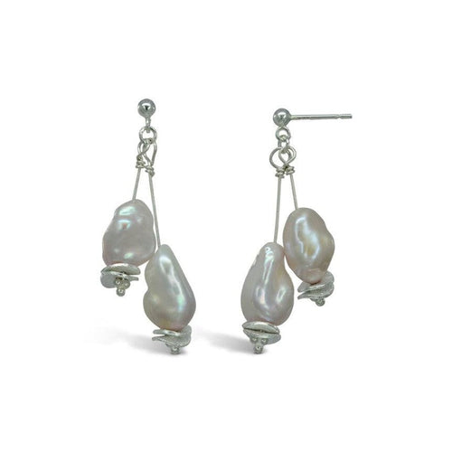 Baroque Pearl Silver Disc Dangly Earrings Earrings Pruden and Smith   