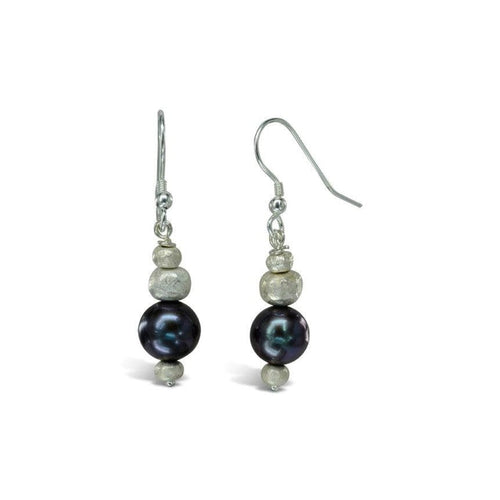 Black Pearl Silver Nugget Dangly Earrings Earrings Pruden and Smith   