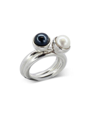 Pearl Gold Stacking Ring Set Ring Pruden and Smith 9ct White Gold One Black One White Akoya Pearl 7.5mm 