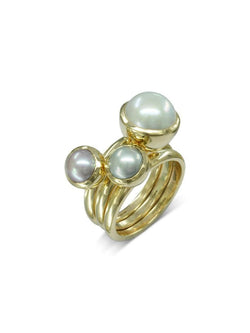 9ct Gold Pearl Stacking Rings Set of Three Ring Pruden and Smith 9ct Yellow Gold 10mm White 7.5mm Pink 7.5mm Grey 