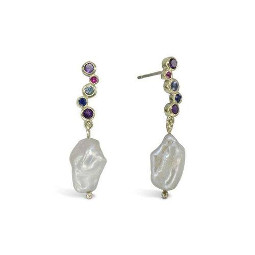 Baroque Pearl and Sapphire Drop Earrings Earrings Pruden and Smith   