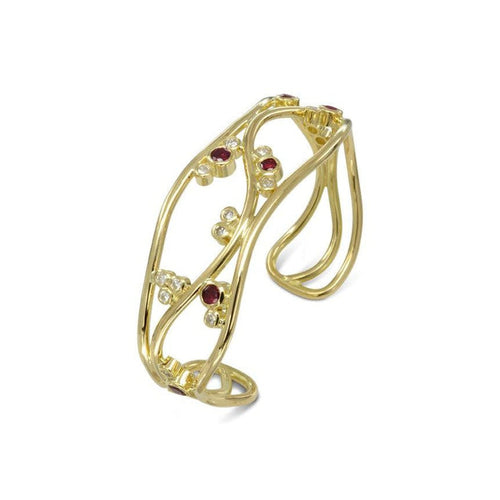 Three Strand Ruby and Diamond Yellow Gold Cuff Bangle Bangle Pruden and Smith   