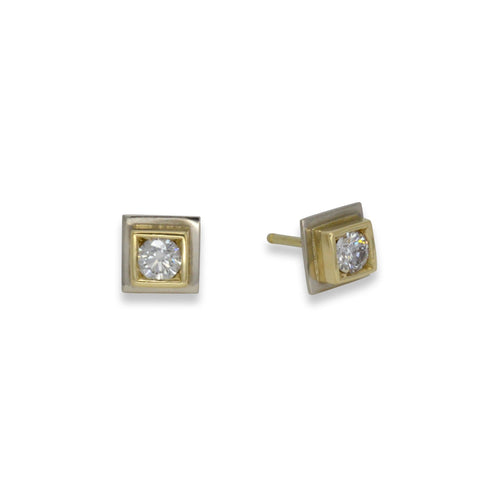 Square Yellow and White Gold Diamond Stud Earrings Earrings Pruden and Smith   