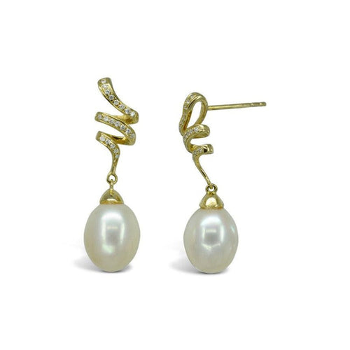 Ribbon Pearl and Diamond Drop Earrings Earrings Pruden and Smith   