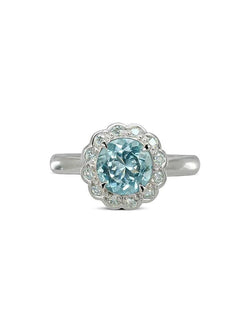 Aquamarine with Scalloped Diamonds Cluster Engagement Ring Ring Pruden and Smith   